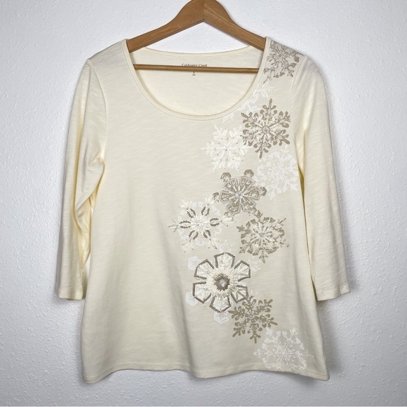 ColdWater Creek cream long sleeve blouse with snow flake accents Sz.S (6-8) - Picture 1 of 8
